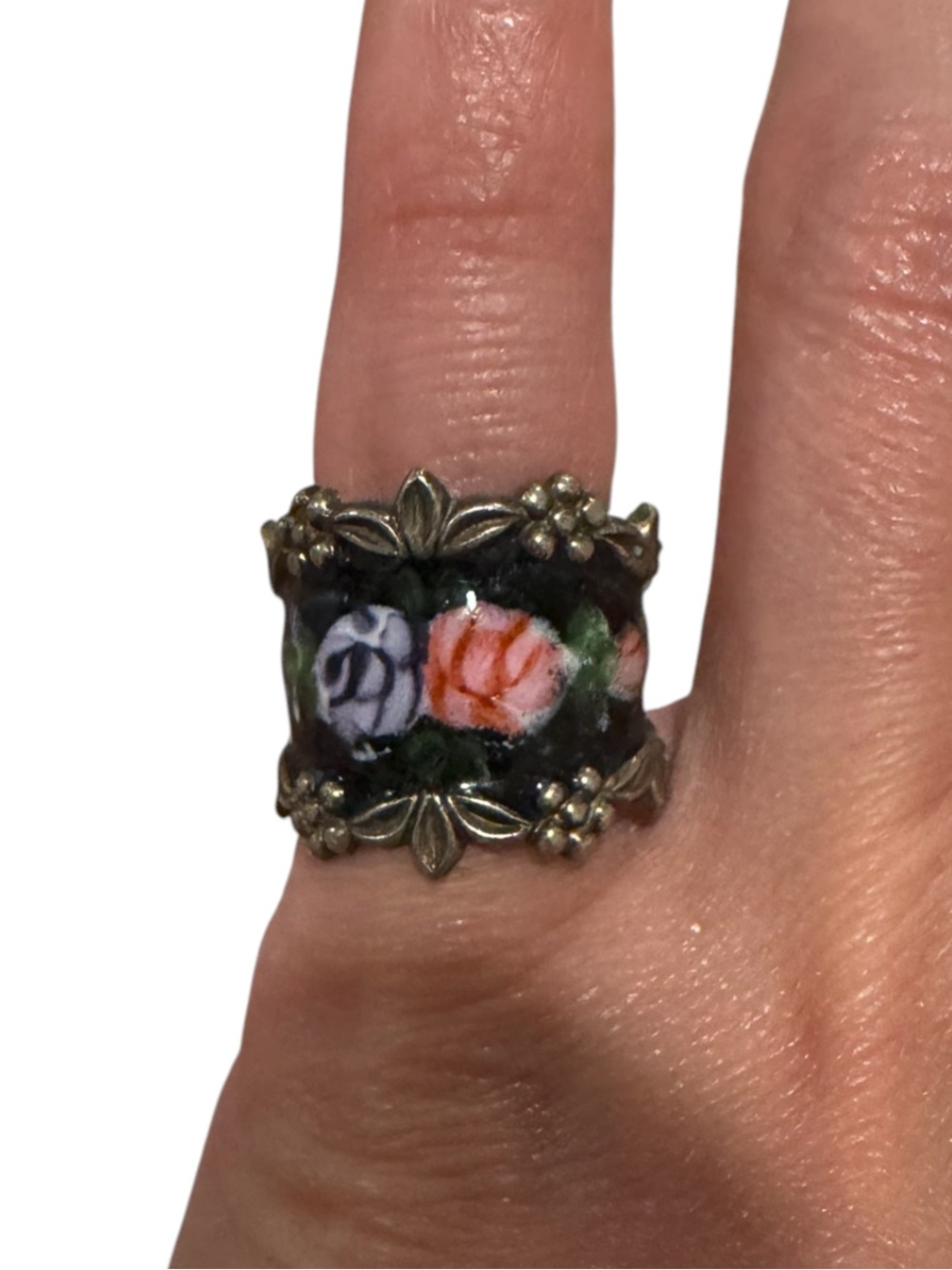 Vintage Sterling Ring Hand-Painted Floral Cloisonné Ring